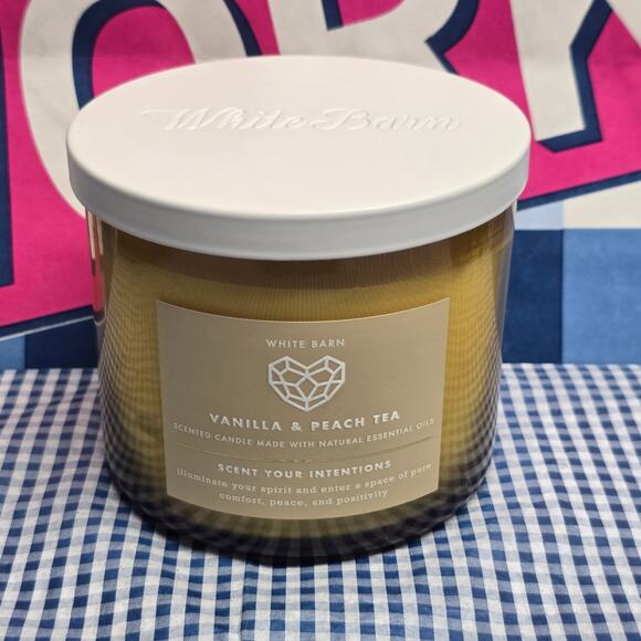 BBW Vanilla & Peach Tea Large 3 Wick Candle White Barn Glass Jar - Picture 1 of 2